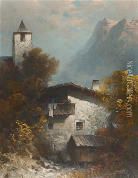 Farmhouse In The Mountains Oil Painting - Oskar Mulley