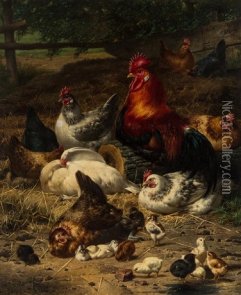 Farmyard With Cockerels, Hens, And Chicks Oil Painting - Eugene Remy Maes
