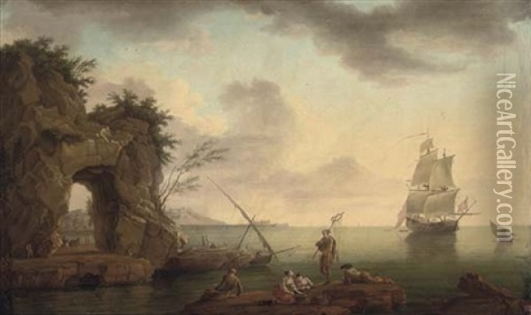 A Mediterranean Coastal Inlet With Shipping And Fishermen On A Bank Oil Painting - Charles Francois Lacroix