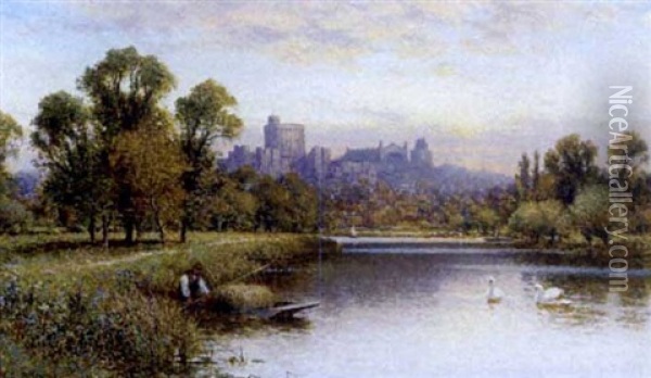 On The Thames With A View Of Windsor Castle Oil Painting - Alfred Augustus Glendening Sr.