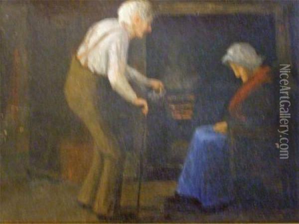Signed , Oil, A Couple Warming Themselves Before A Cottage Fire, 7 1/2 Oil Painting - David W. Haddon