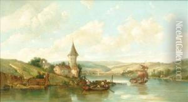 A River Landscape Oil Oncanvas 46cm X 80cm Oil Painting - Alfred G., H., Or Sr Vickers