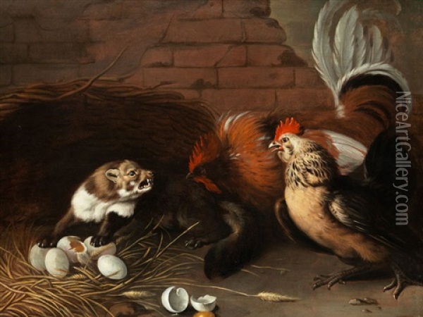Der Marder Im Huhnerstall Oil Painting - Melchior de Hondecoeter