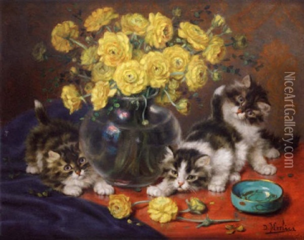 Autour Du Vase (ranunculus Et Chats) Oil Painting - Daniel Merlin