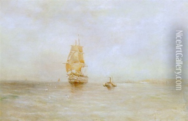 Marine Med Sejlskibe Og Hjuldamper Oil Painting - Gustave de Breanski