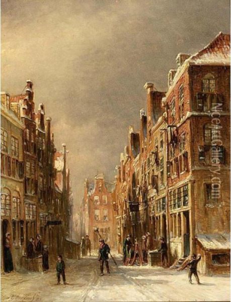 Figures In A Snow Covered Dutch Town Oil Painting - Pieter Gerard Vertin
