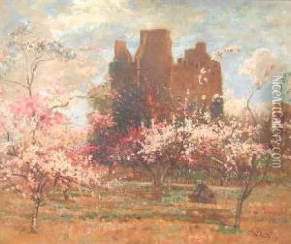 Cherry Blossoms In Front Of A Castle Oil Painting - Robert Noble