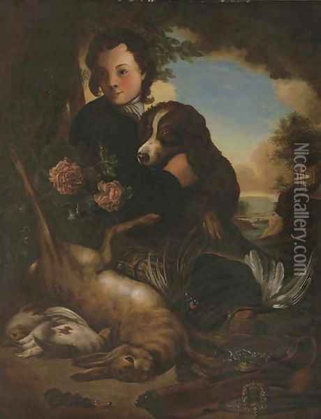 A boy and a dog with dead game by a tree in a landscape Oil Painting - Alexandre-Francois Desportes