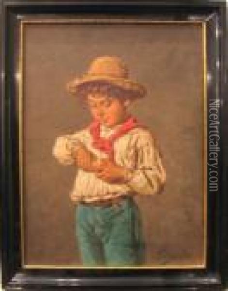 Boy Peeling Orange Oil Painting - Achille Petrocelli