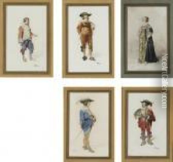 Five Studies Of Theater Costumes; And A Woman Weaving Oil Painting - Jean-Louis-Ernest Meissonier