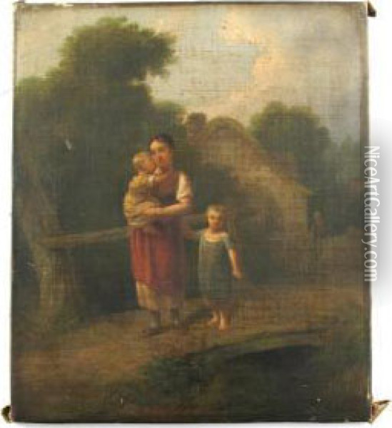 A Woman And Her Two Children On A Bridge Oil Painting - Joseph Rhodes