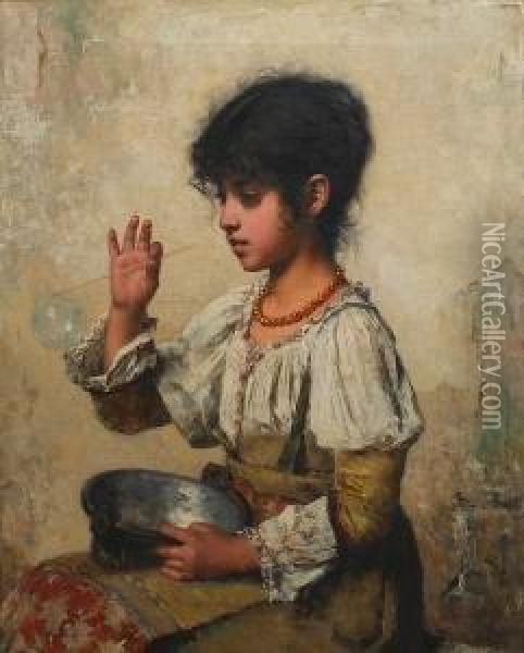 Young Girl Blowing Bubbles Oil Painting - Alexei Alexeivich Harlamoff