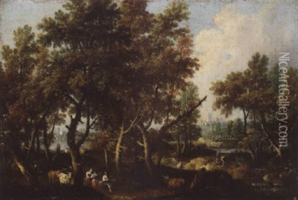 A Pastoral Landscape With Figures And Cattle Rested In A Wooded River Landscape Oil Painting - Giovanni Battista Cimaroli