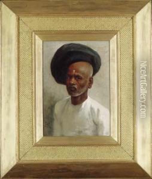 An Indian Tradesman, Possibly A Peshwa, Bust-length In White Tunicand Blue Turban Oil Painting - Horace Van Ruith