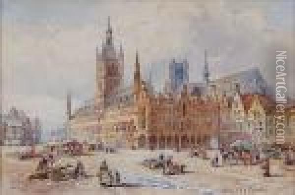 Grand Place, Cloth Hall And Cathedral, Ypres Oil Painting - Raffaele Carelli