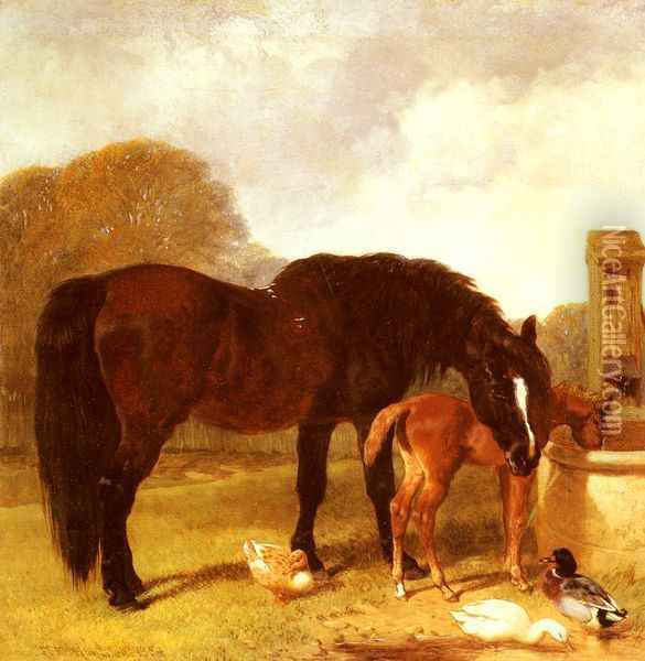 Horse and Foal watering at a trough Oil Painting - John Frederick Herring Snr