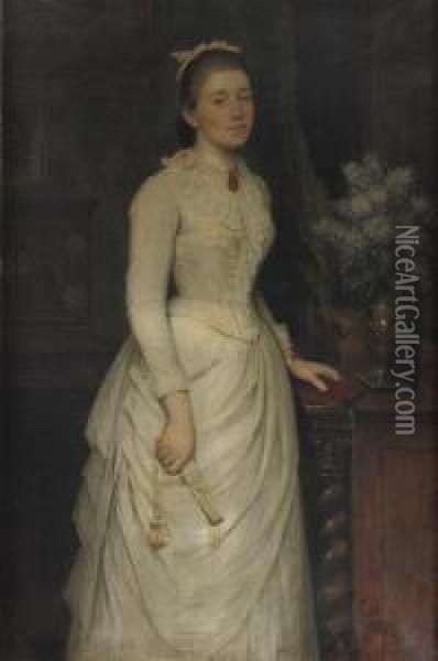 Portrait Of A Young Lady, Standing Full-length, In A White Dress, Holding A Fan And A Book Oil Painting - Ernst Payer