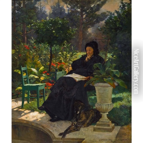 Nachdenkliche Dame Mit Hund Im Sommerlichen Garten Oil Painting - Charles Giron