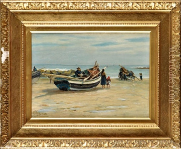 Launching Cobles At Cullercoats Oil Painting - Robert Jobling
