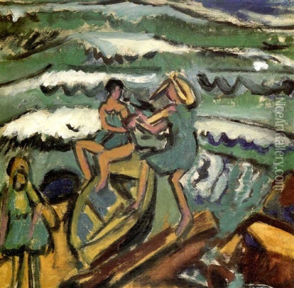 Drei Madchen Mit Boot In Brandung Oil Painting - Ernst Ludwig Kirchner