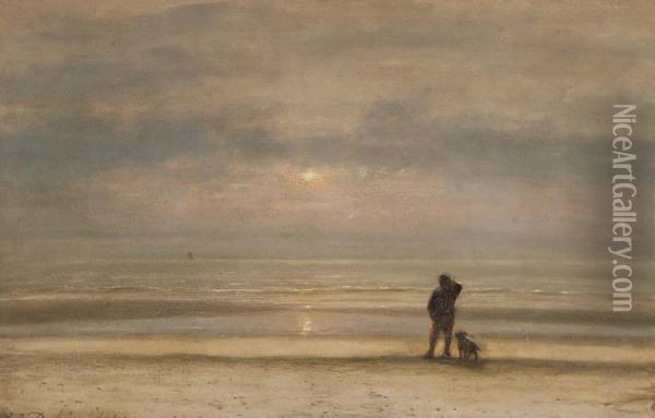 Man Met Hond Voor De Kust Bij Ondergaande Zon Oil Painting - Johannes Josephus Destree