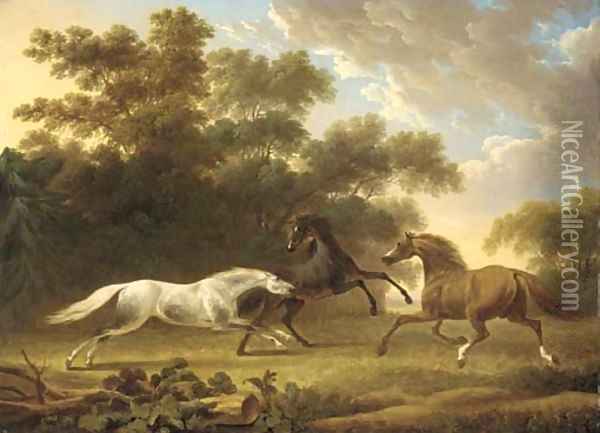 Stallions in a wooded paddock Oil Painting - Charles Towne