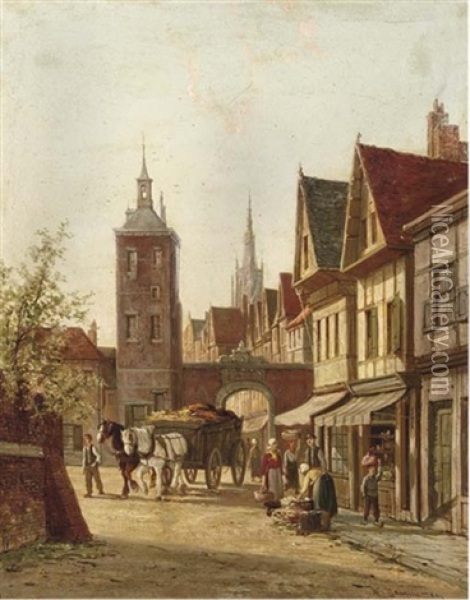 View Of A Town Street Oil Painting - William Raymond Dommersen