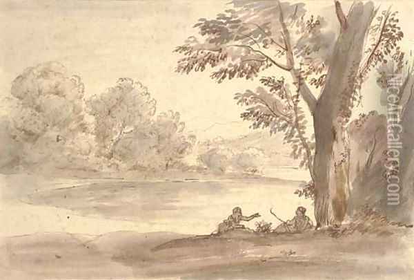 A lake on the edge of a wood with two figures by a tree Oil Painting - Caspar Andriaans Van Wittel