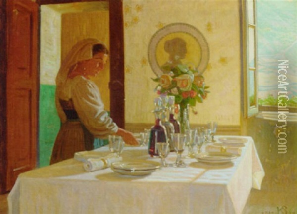 Setting The Table Oil Painting - Knud Sinding