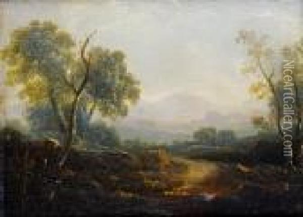 An Open Landscape With Mountains On The Horizon, A City In The Distance Oil Painting - John Rathbone