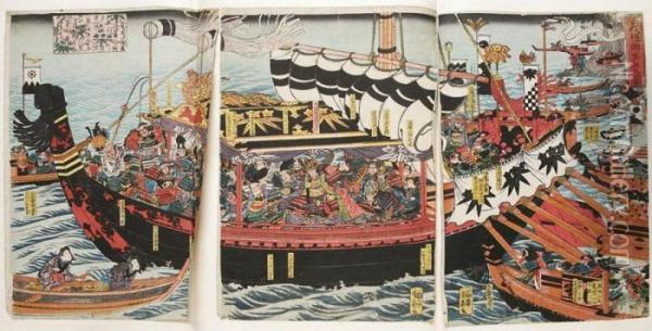 Afbeelding Van Generaal Yoshitsune's Schip Oil Painting - Utagawa Yoshitora