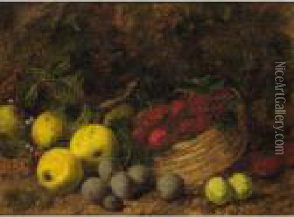 Still Life Of Apples, Plums And Strawberries In A Basket Oil Painting - George Clare