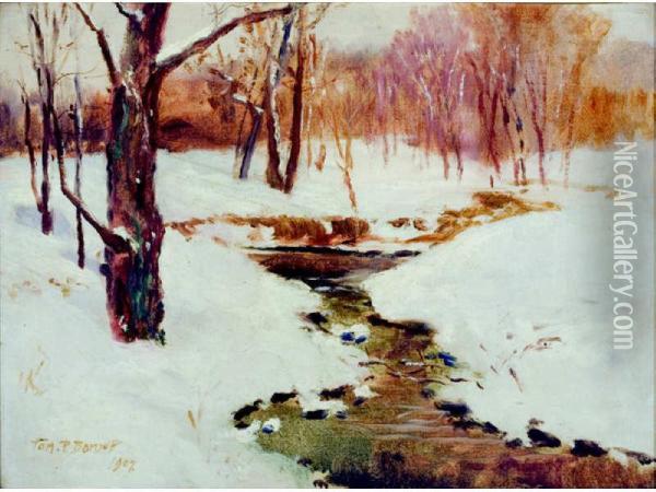 Winter River Landscape Oil Painting - Thomas P. Barnett
