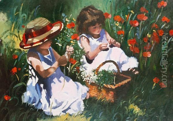 Two Girls In A Poppy Field Oil Painting - Sharyn Jennings
