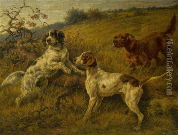Setters And A Pointer In A Landscape Oil Painting - Edmund Henry Osthaus