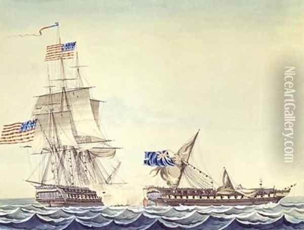Naval engagement between the U S Frigate Constitution and H M Frigate Java Oil Painting - Montardier
