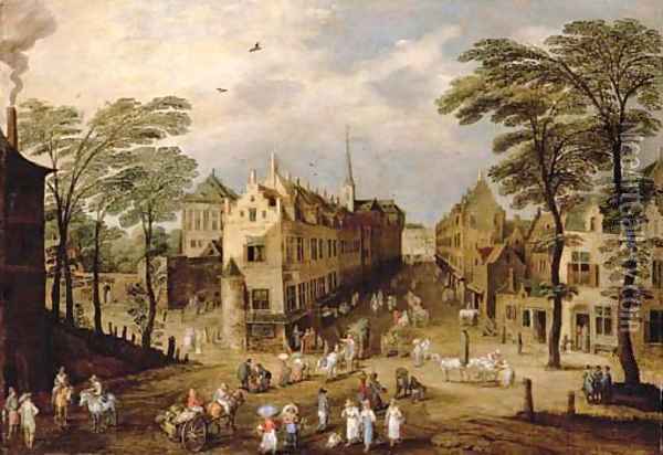 A town landscape with company, townsfolk and wagoners Oil Painting - Jan The Elder Brueghel