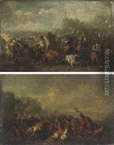A Cavalry Skirmish; And A Cavalry Skirmish Oil Painting - Karel Van Breydel (Le Chevalier)