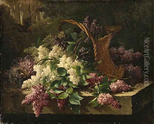 A still life with lilacs in a basket and a bird's nest Oil Painting - Emile Claus
