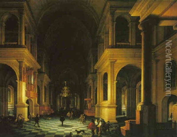 A Capriccio Of A Classical Church Interior By Night Oil Painting - Anthonie Delorme