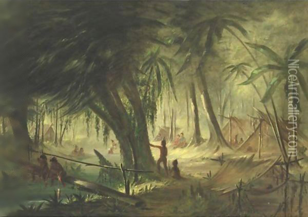 Indian Encampment Oil Painting - George Catlin