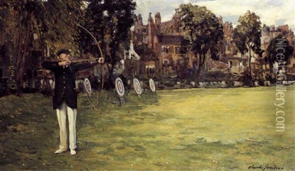 Portrait Of Walter Andrew Inderwick, Shooting In The        Grounds Of The Royal Toxophilite Society, Bayswater, London Oil Painting - Alexander Jamieson