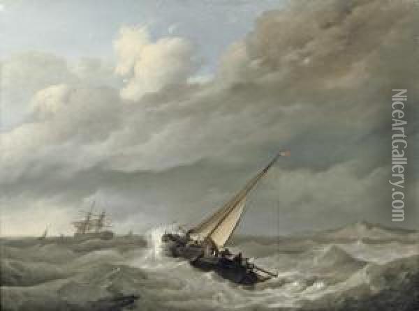 Shipping In Choppy Sea Before A Rocky Coast Oil Painting - Johannes Hermanus Koekkoek