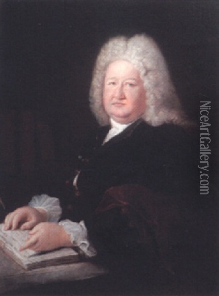 Portrait Of Maturin Veissierre De La Croze, Seated With Hands On An Open Book Oil Painting - Antoine Pesne