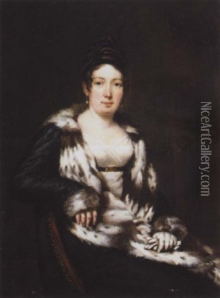 A Portrait Of A Lady Seated, Wearing A Blue Ermine Lined Cloak And Holding A Pair Of Gloves Oil Painting - Francois Pascal Simon Gerard