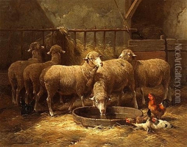 Sheep And Chickens In A Barn Oil Painting - Frans De Beul