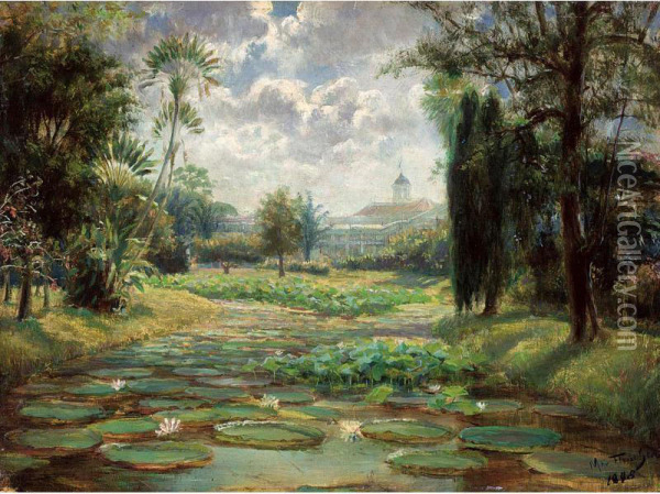 The Bogor Palace, Viewed From The Botanical Garden (kebun Raya) Oil Painting - Max Fleischer