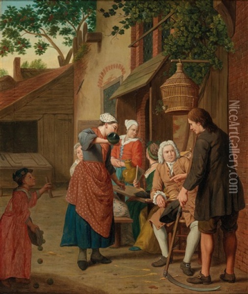 A Company Outside A Tavern Oil Painting - Jan Josef Horemans the Elder