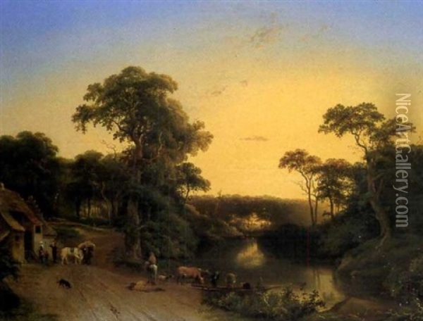 Gard, Vattendrag Och Boskap Oil Painting - Jacob Augustus de Ryck