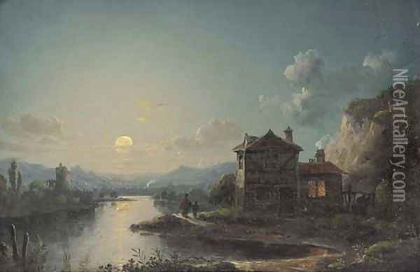 Figures by a cottage in a moonlit river landscape Oil Painting - Henry Pether